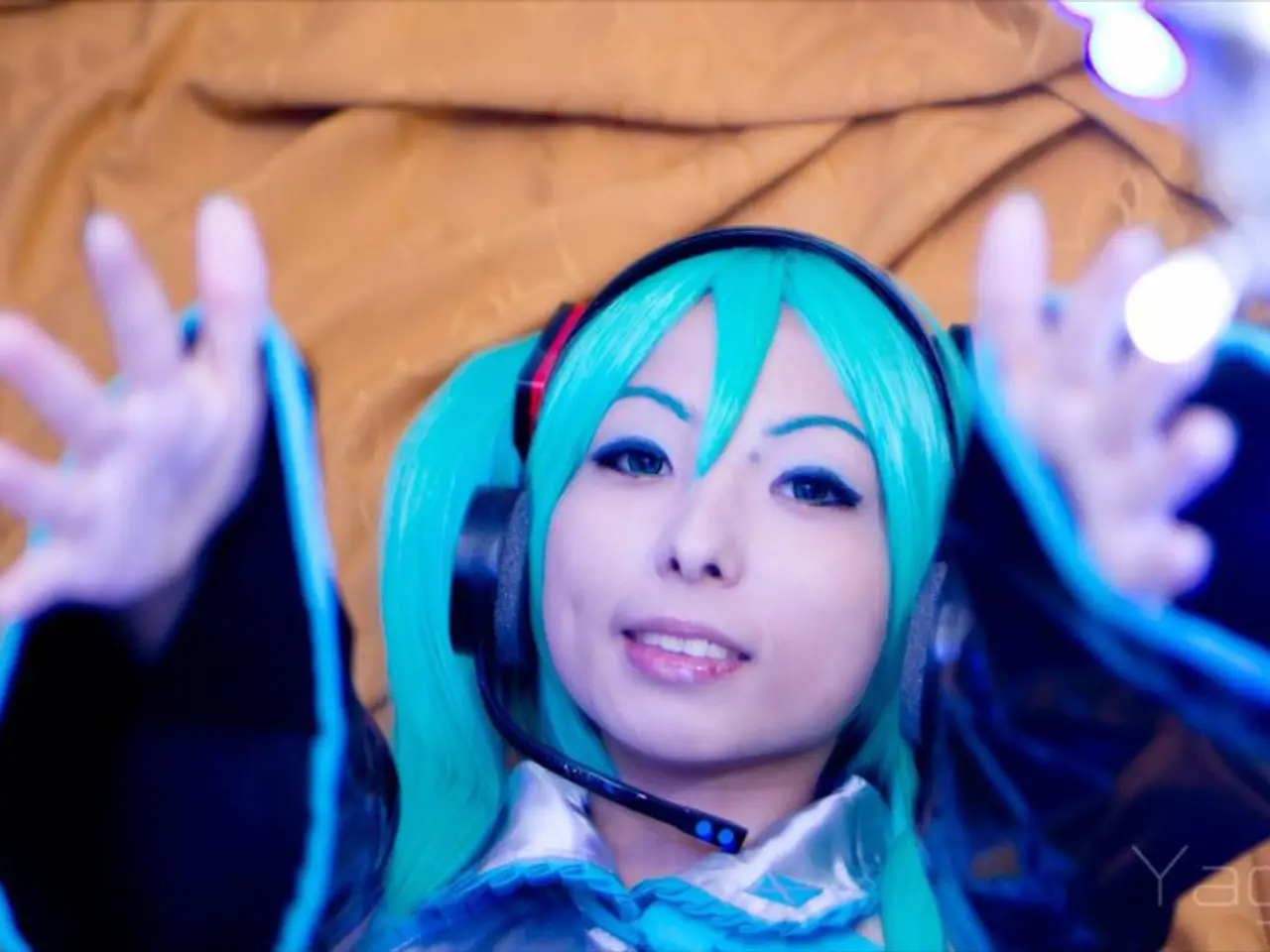 In the image there is a girl, she is stretching her arms, she is wearing a headset.