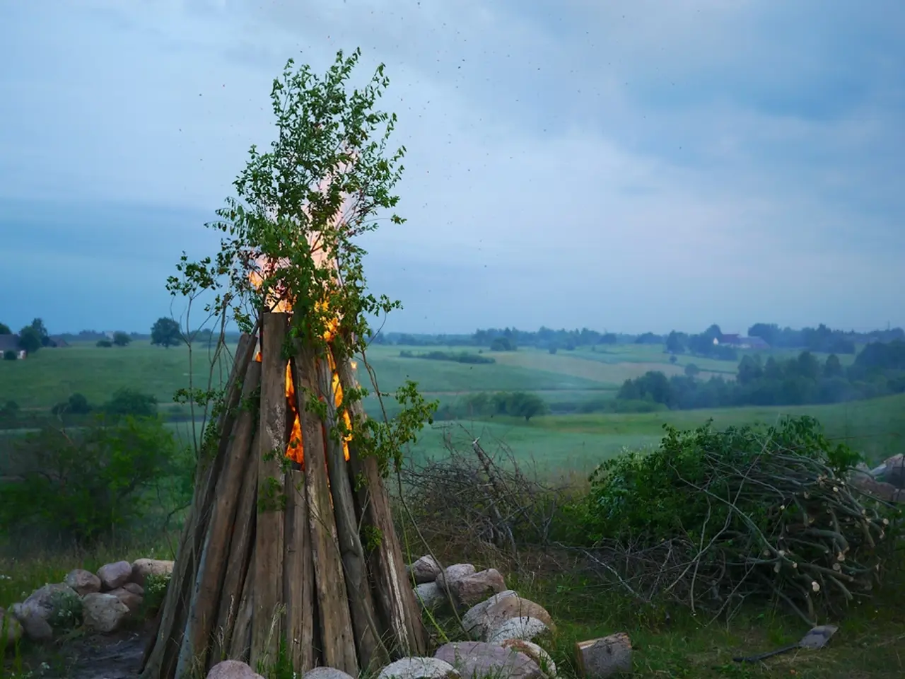 In this image I can see few wooden logs and I can see the fire on it, background I can see the...