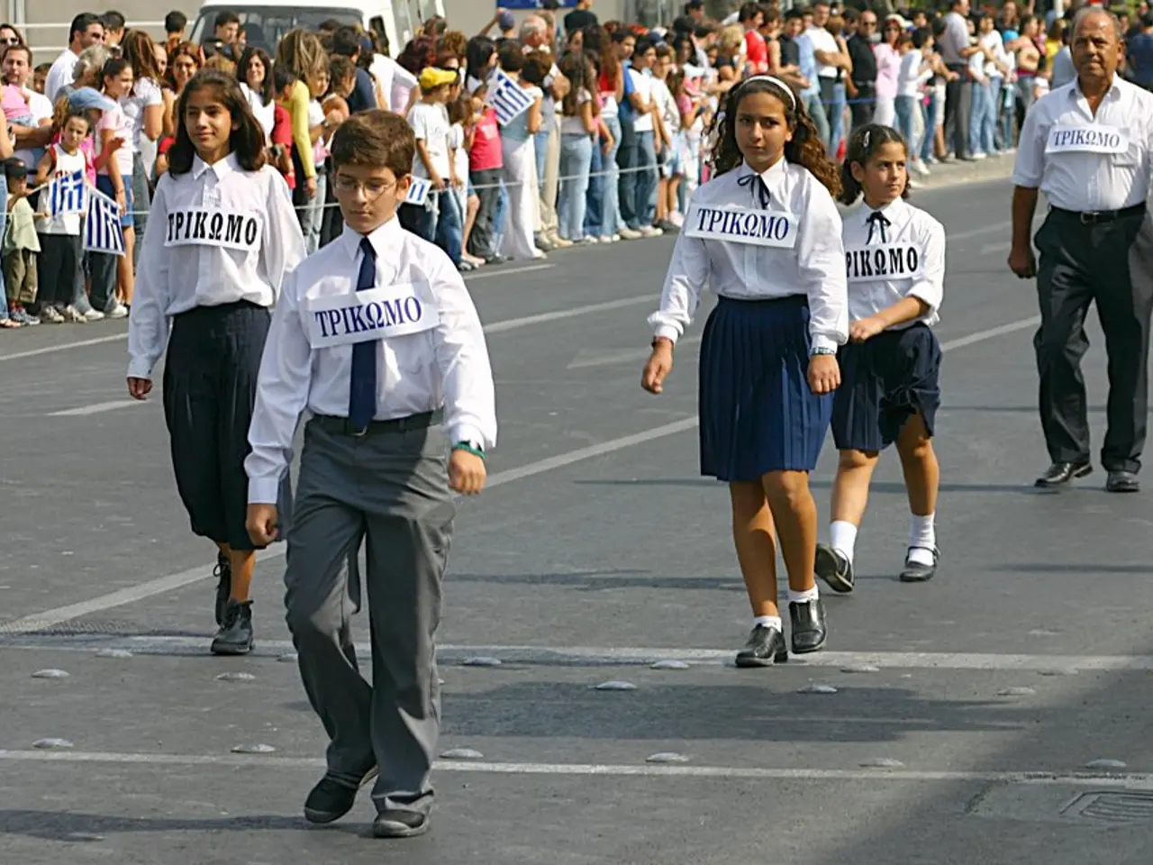 In the picture it looks like some event, there are few people walking on the road, they are wearing...