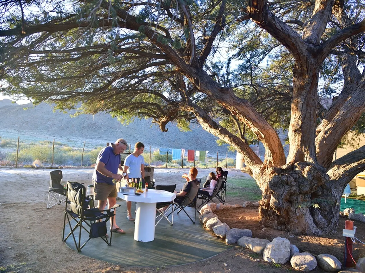 Few people are sitting on the chairs. Here a man is taking the beer bottles. At the right there is...