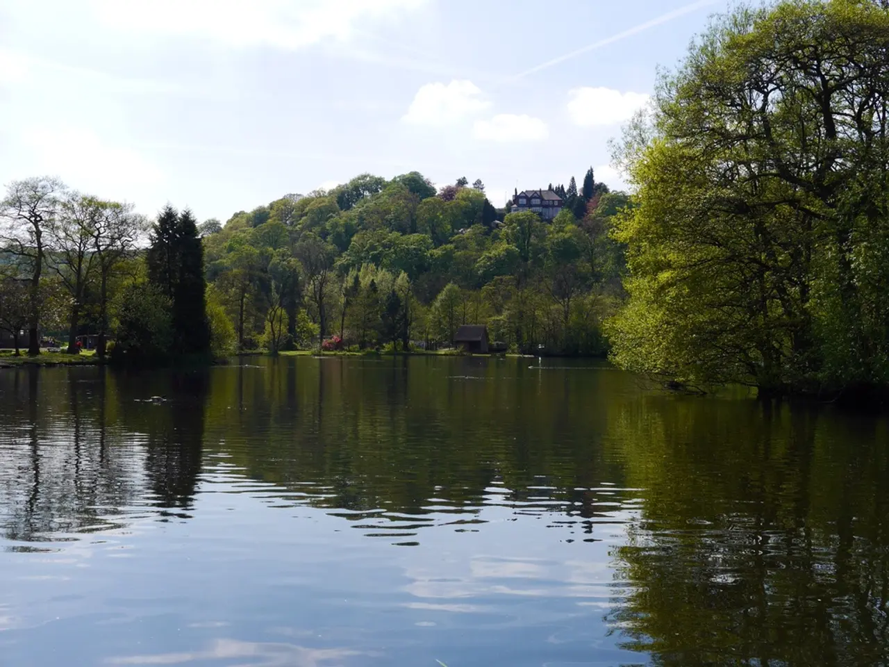This image consists of water, trees, grass, houses, mountains and the sky. This image is taken may...
