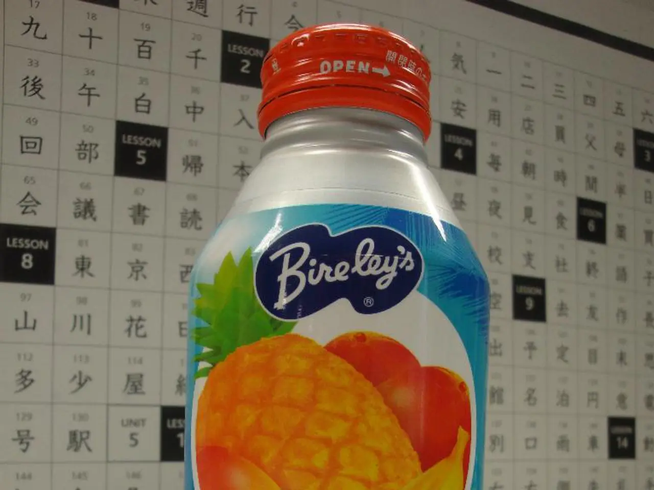 In the image we can see there is a juice bottle on which it's written "Bireley's".