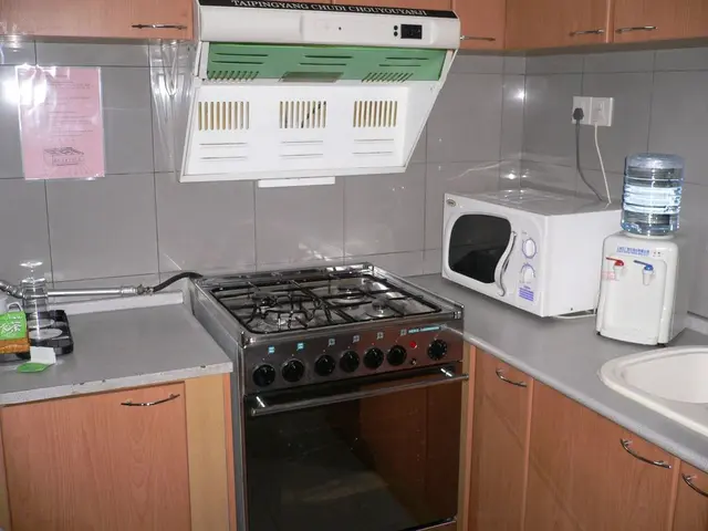 In this image there is a kitchen cabinet having a microwave oven, water filter, sink, stove and few...