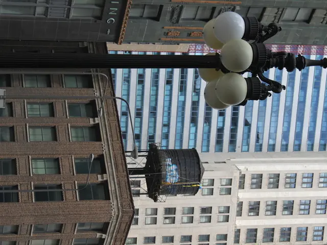 In this image we can see a few buildings, there are some poles, lights and windows, at the top of...