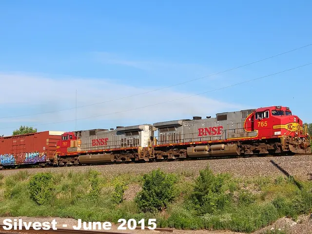 In this image there is a train on the rail track. There are poles connected with wires. There are...