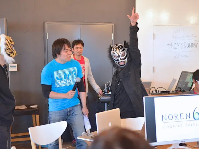 In this picture there are people standing, two of them are wearing masks on their faces and there...