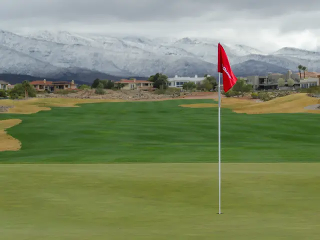 There is a flag in the golf ground as we can see at the bottom of this image. We can see trees,...