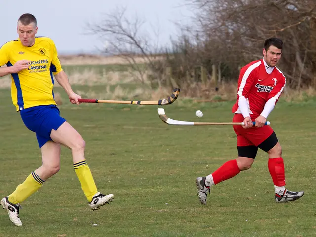This image is clicked on hockey ground. There are two persons in this image. They are playing....