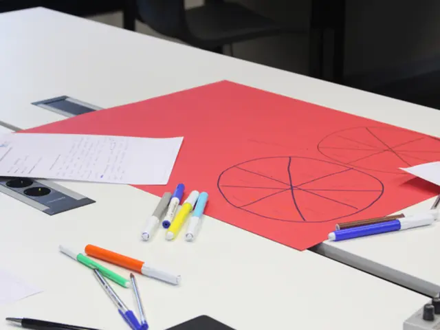 In this image there is a table on which there are pens,markers,papers,scales and a red colour chart...