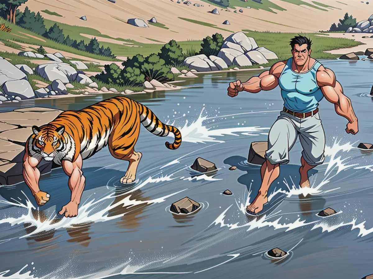 A casual tigeress strolls atop river stones, navigating her path with ease